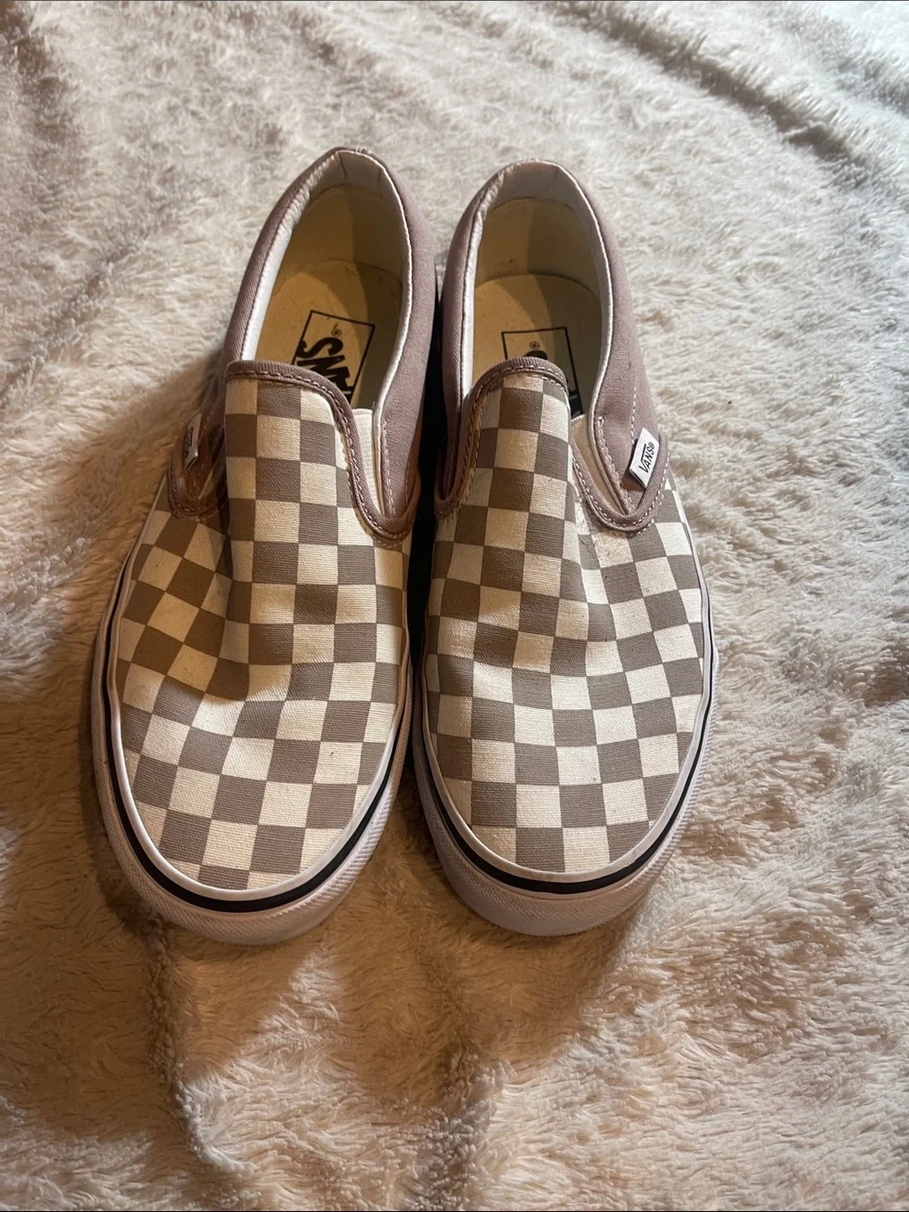 Vans Classic Slip-On Checkerboard in Taupe and White size 7.5 W